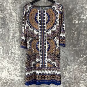 Haani Size M Boho Geometric 3/4 Sleeve Mini Dress Colorful Pullover Stretch